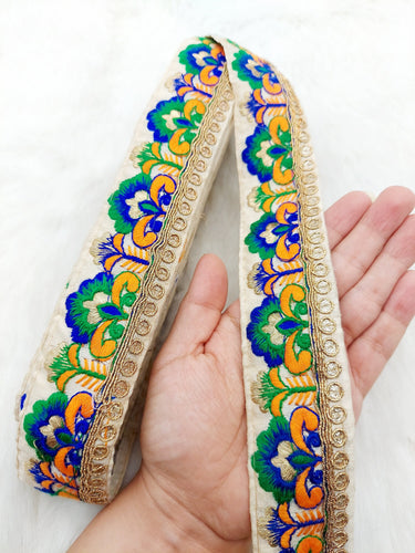 Beige Art Silk Lace Trim in Floral Embroidery, Gold Sequins Embellishments, Decorative Trim